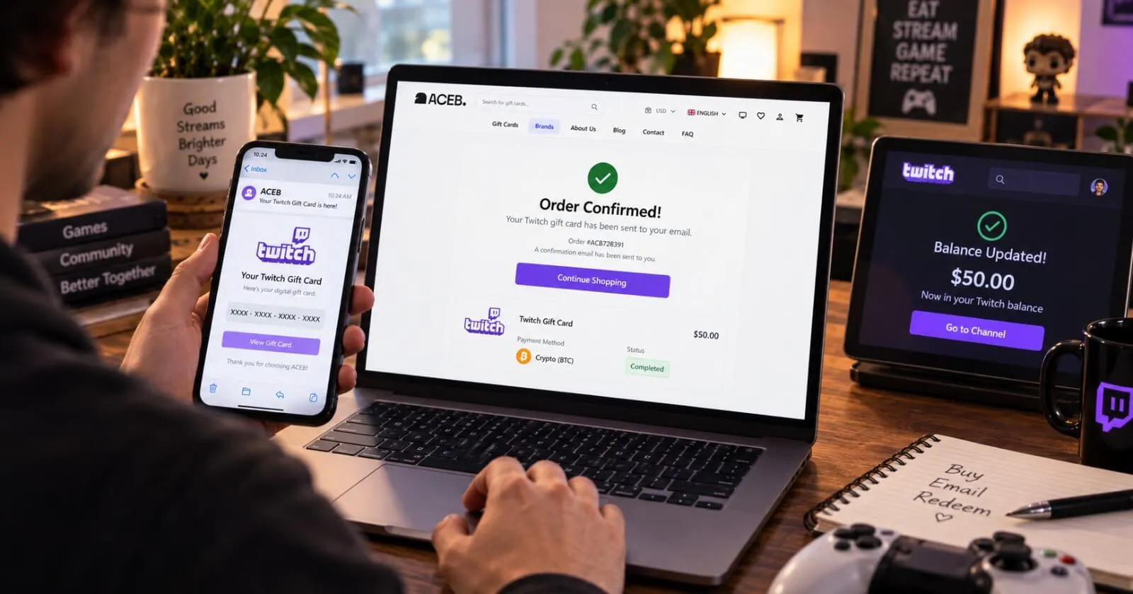Twitch Gift Card purchased through ACEB, delivered by email and redeemed as Twitch balance