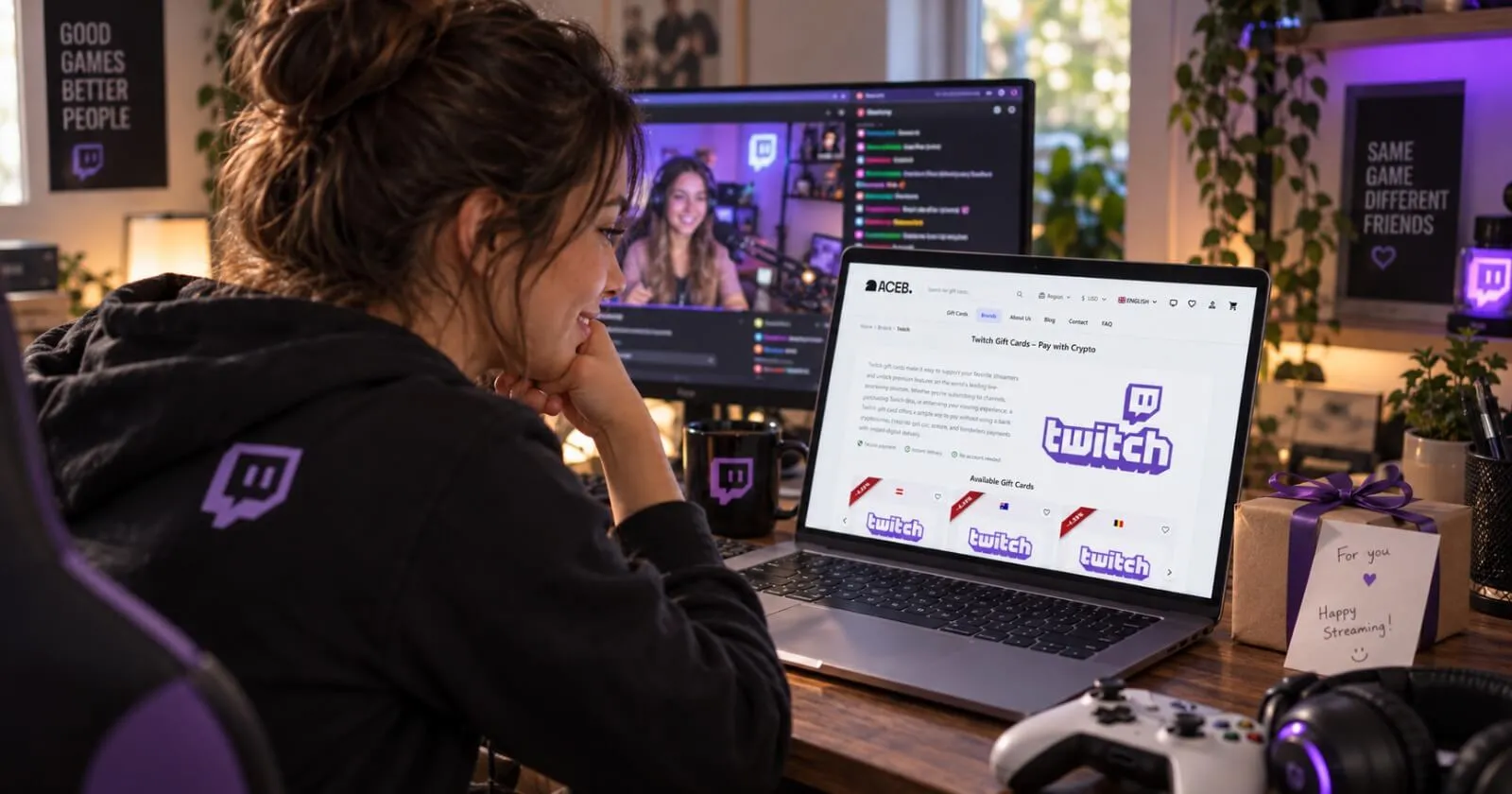 Twitch viewer receiving a digital gift while browsing Twitch Gift Cards on ACEB