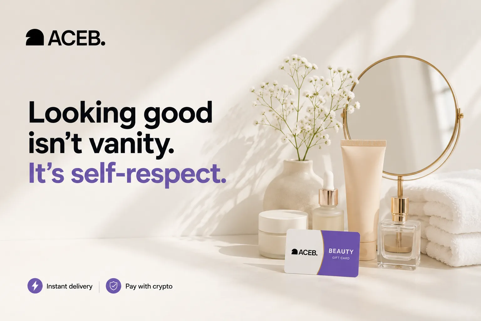 Beauty products and an ACEB beauty gift card illustrating self-care purchases with cryptocurrency