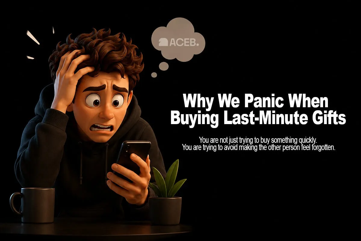 Person stressed while searching for a last-minute gift on a smartphone