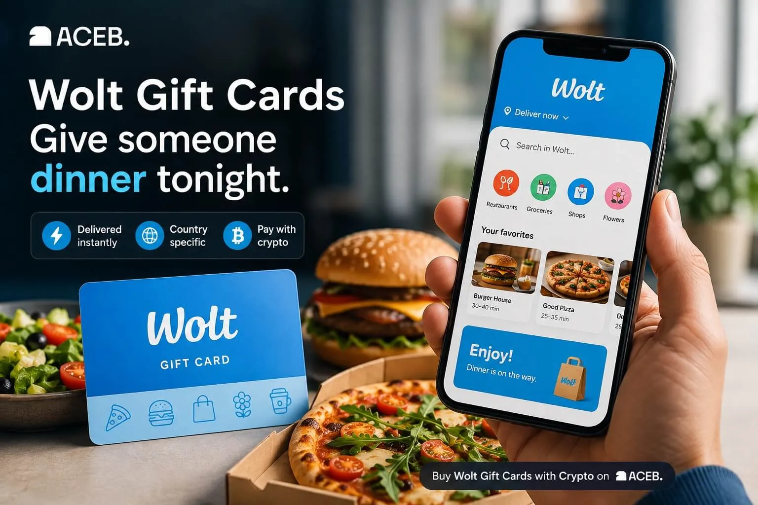 Promotional banner showing a Wolt gift card, mobile app and food delivery with instant digital delivery and crypto payment.