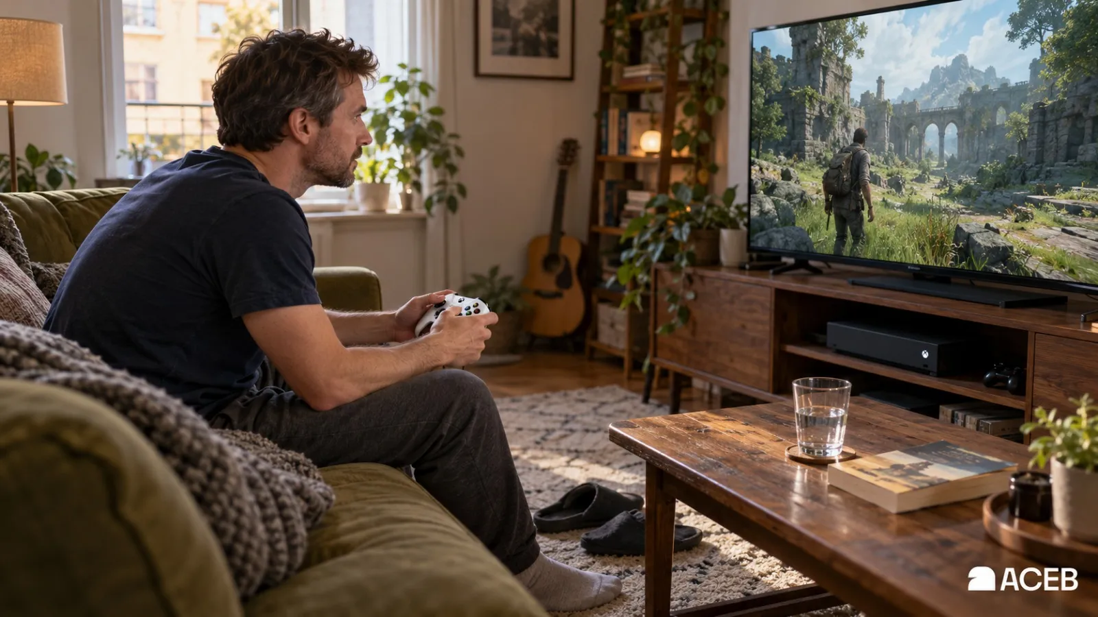 Man playing an adventure game on an Xbox console in his living room.