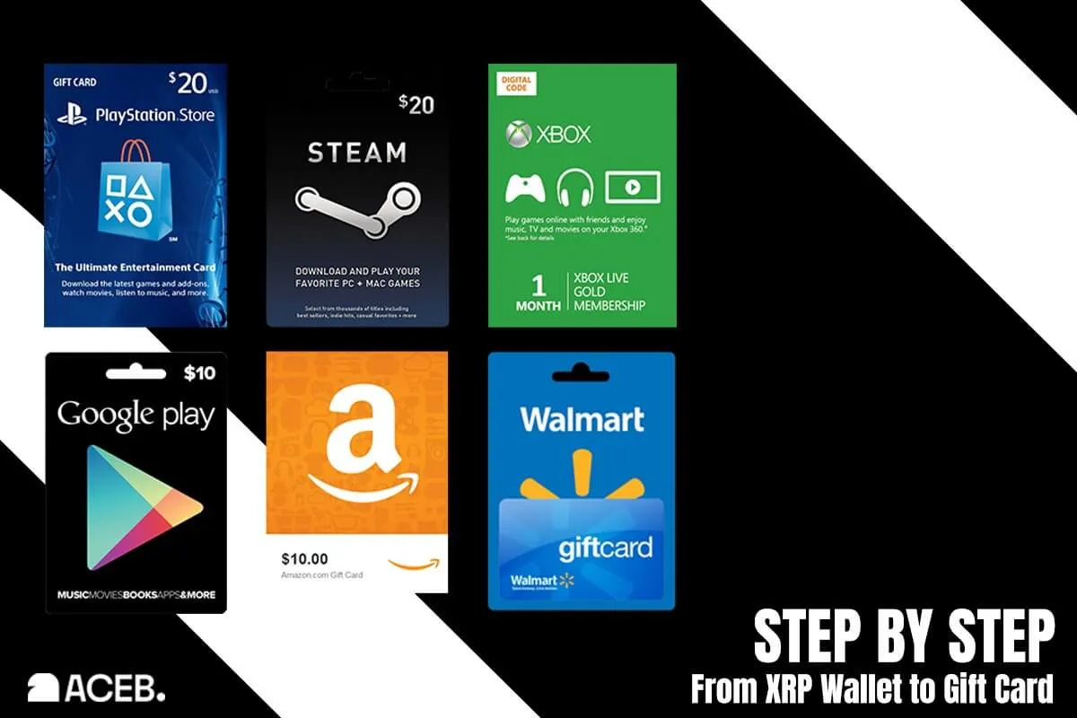 Step-by-step guide showing how to use XRP to buy digital gift cards for Amazon, Steam, Xbox, PlayStation, Google Play and Walmart.